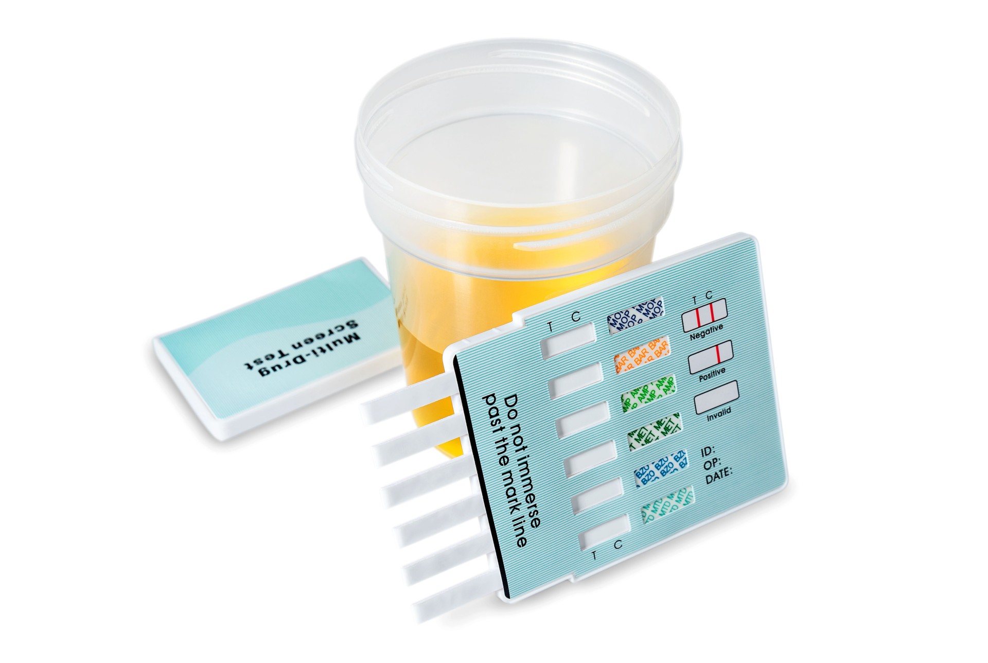 Drug screen test panel with biological fluid container